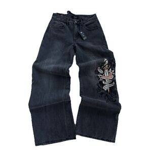 Ed Hardy Jeans Women's 26 Vtg Grey Loose Baggy Embroidery Death Before Dishonor